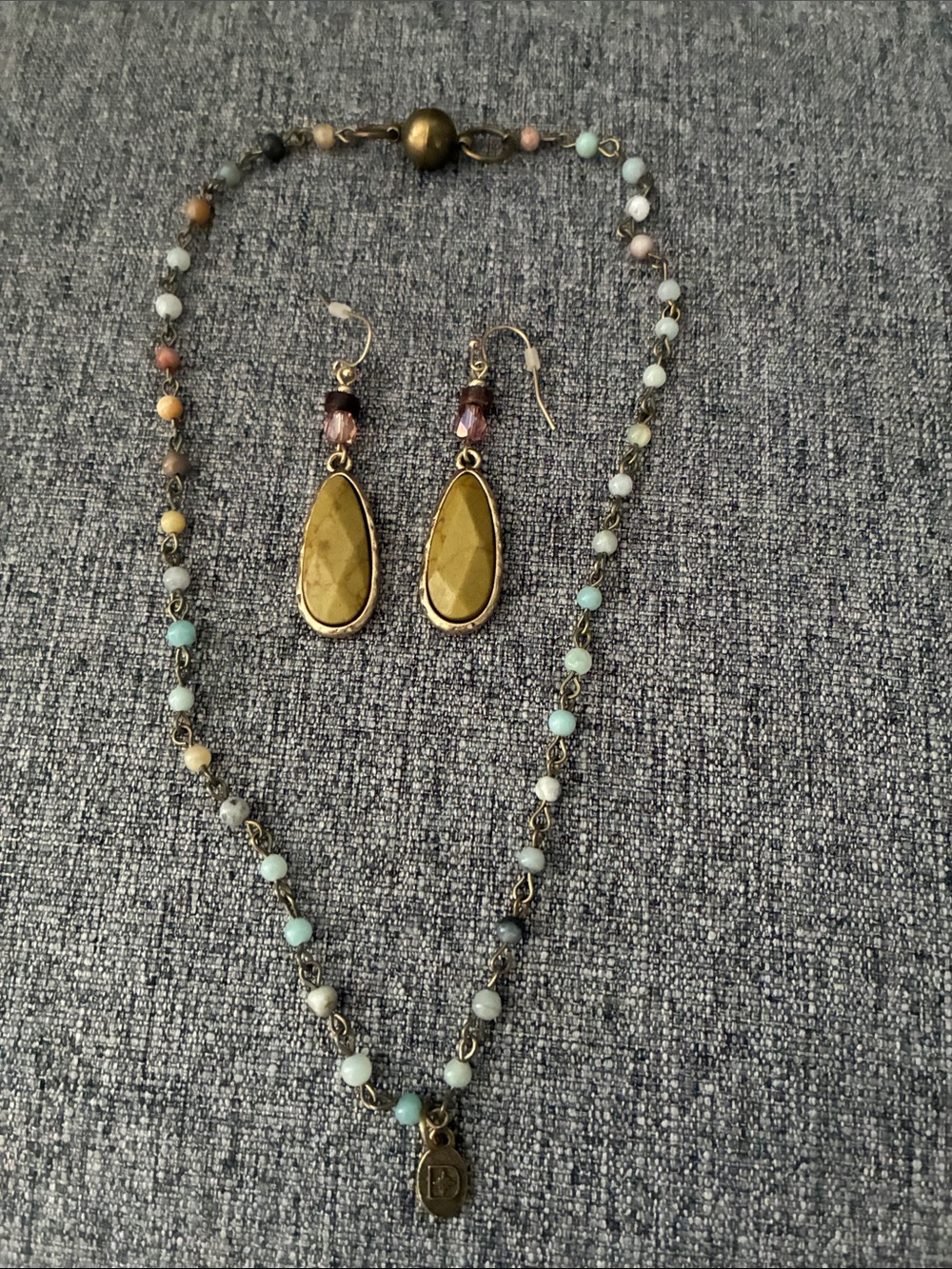 Gold Teardrop Pendant Earrings and Beaded Necklace Set - Gold & Multicolor